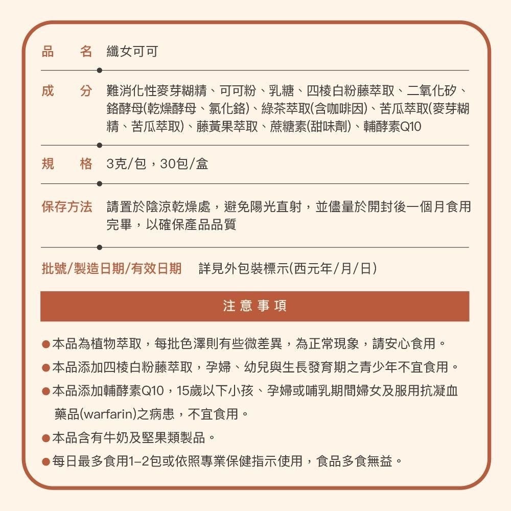 效期2025/06（1盒/30包）纖女可可—脂肪/澱粉/醣類剋星3合1（美國專利四棱白粉藤）